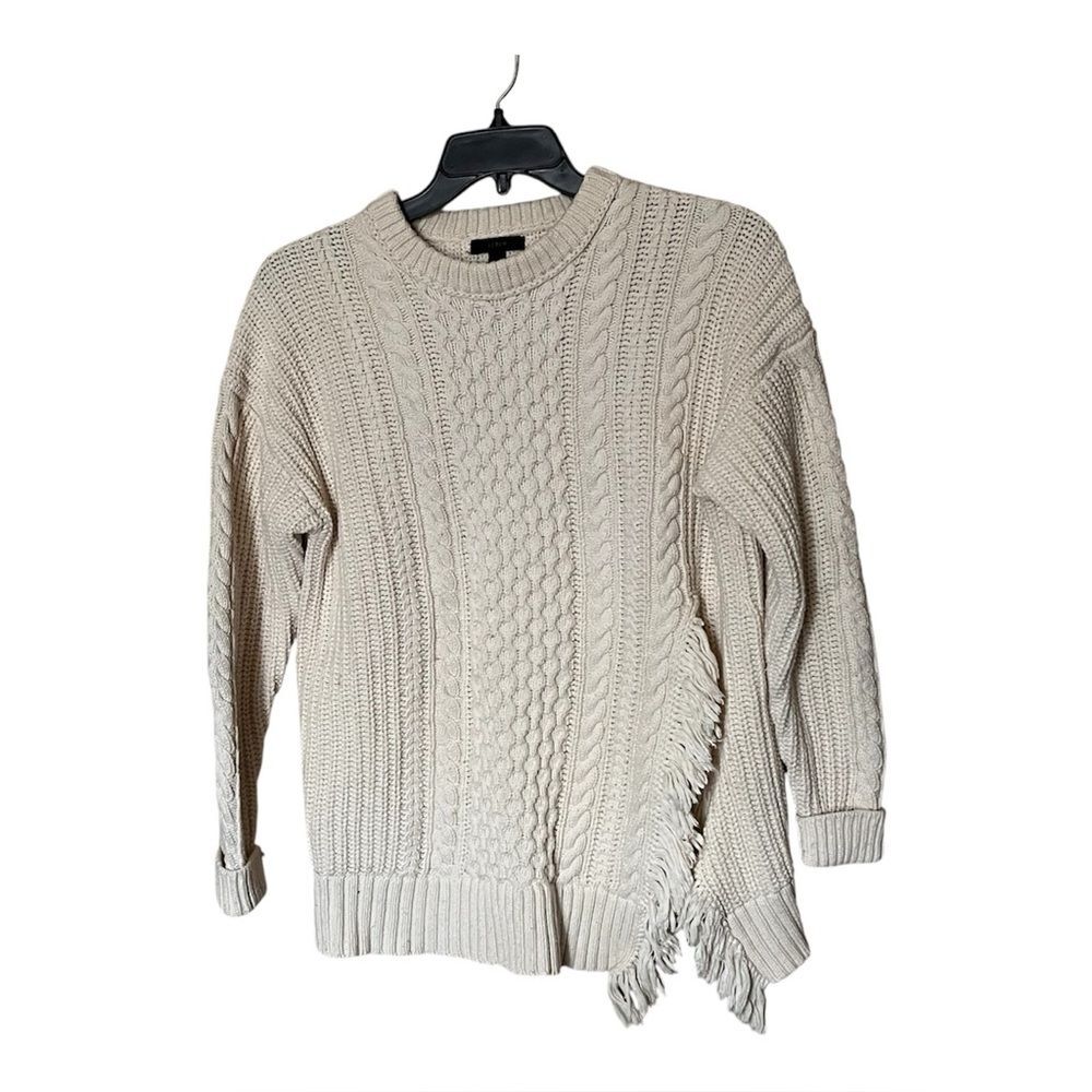 J. Crew Cream Fisherman Cable Knit Sweater with Slit & Fringe Detail Size Medium